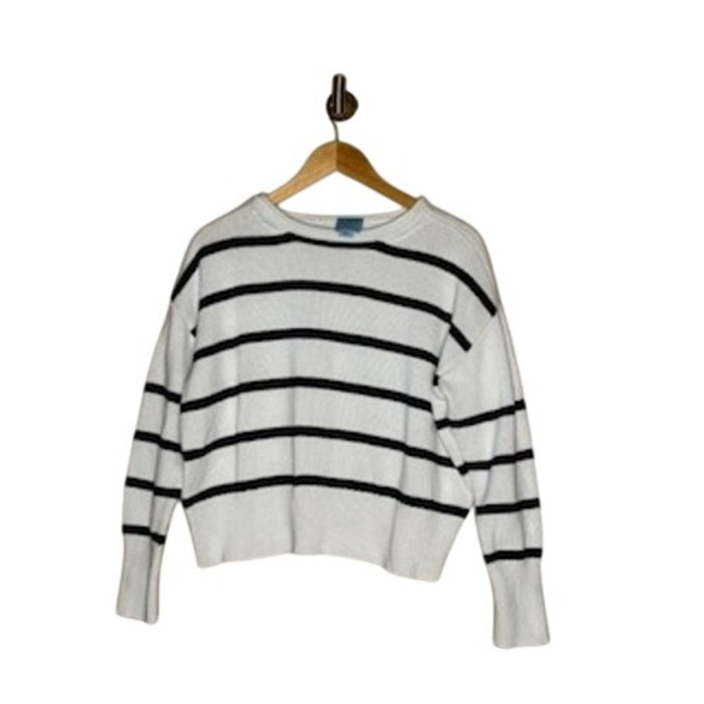 CeCe Navy White Striped Cotton Sweater Womens Medium Cropped Relaxed
